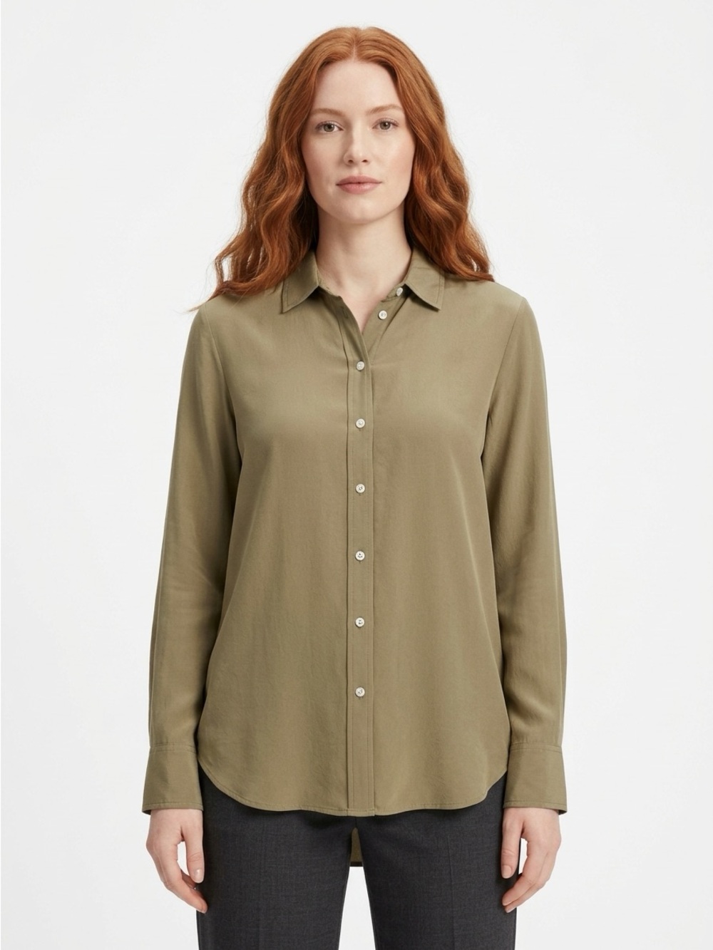 Everlane Relaxed Point Collar Button Down Silk Shirt Olive Green Size 4